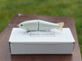"The 758" 2 piece resin glide bait Bone w/blue pearl back